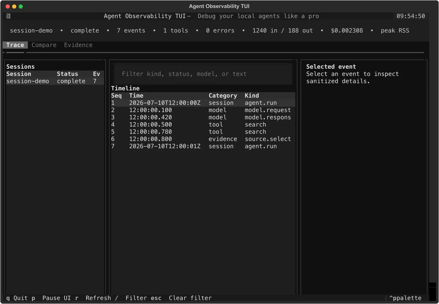 the Agent Observability TUI demo with one completed session, seven timeline events, one tool call, token counts, and a local cost estimate