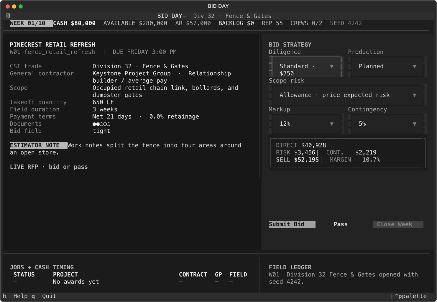 the Bid Day terminal game showing a fictional fence project, cash and backlog at the top, bid choices on the right, and the estimator note on the left