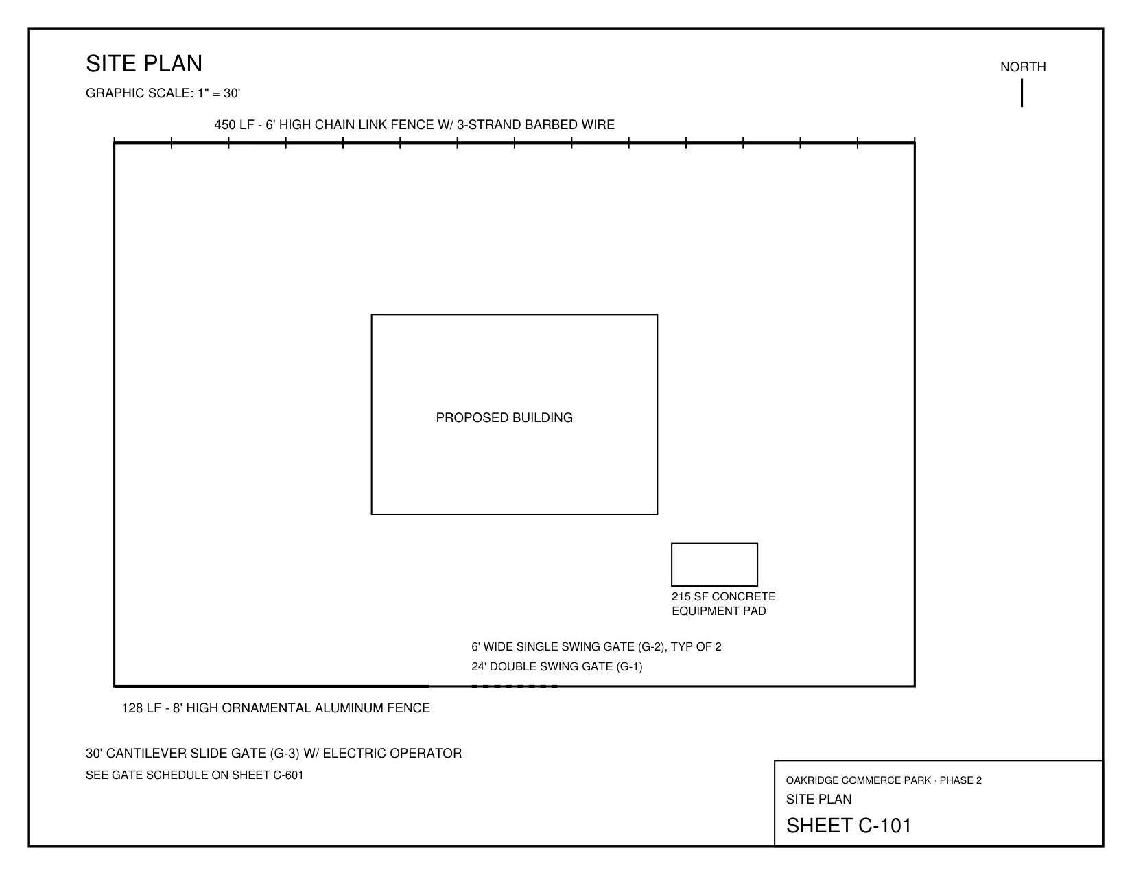 the rendered site plan, sheet C-101 of the synthetic Oakridge Commerce Park sample: graphic scale, fence lines with quantity callouts, a proposed building, gate callouts, and a title block