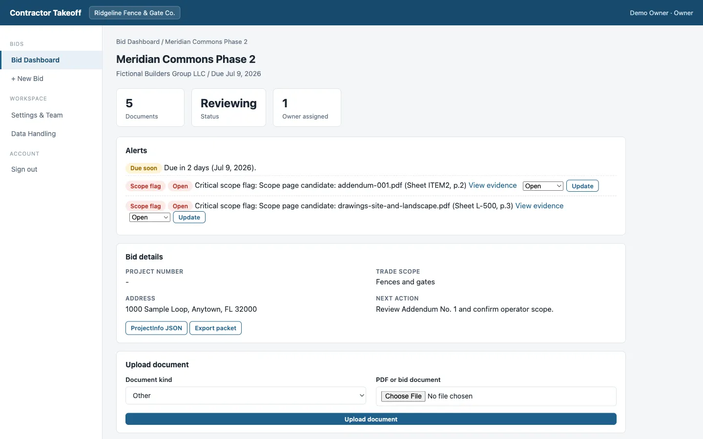 a bid page for Meridian Commons Phase 2 showing a due-soon alert, two open scope flags with view-evidence links, bid details, and the document upload panel