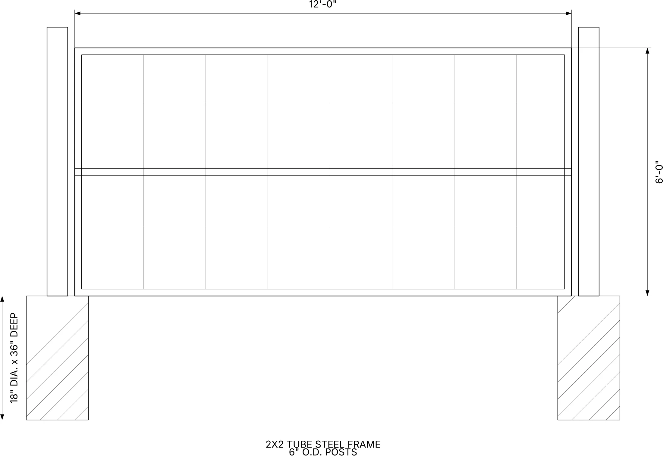 a clean black and white 2d gate elevation, 12 feet wide and 6 feet tall, with dimensioned posts and 18 inch by 36 inch concrete footings