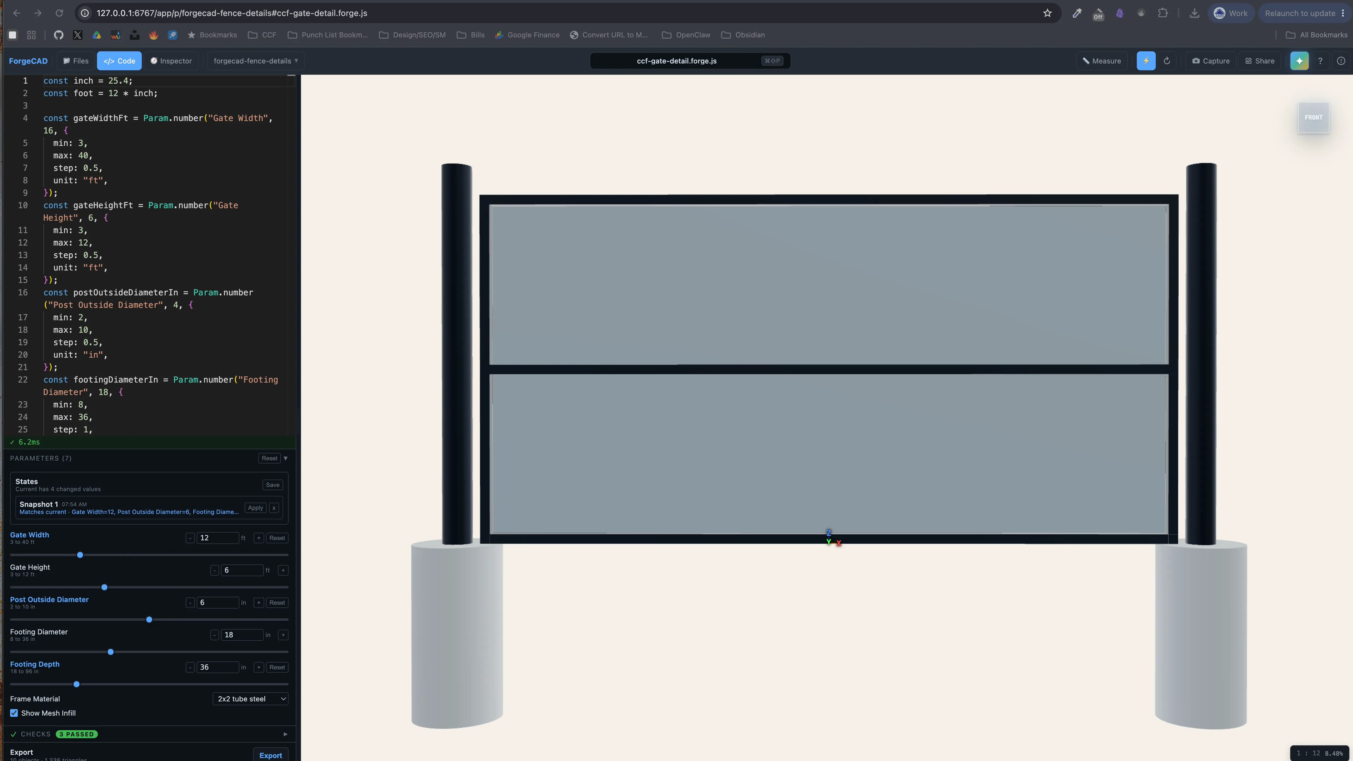 the forgecad studio workbench with parametric code on the left and a 3d gate model with parameter sliders on the right