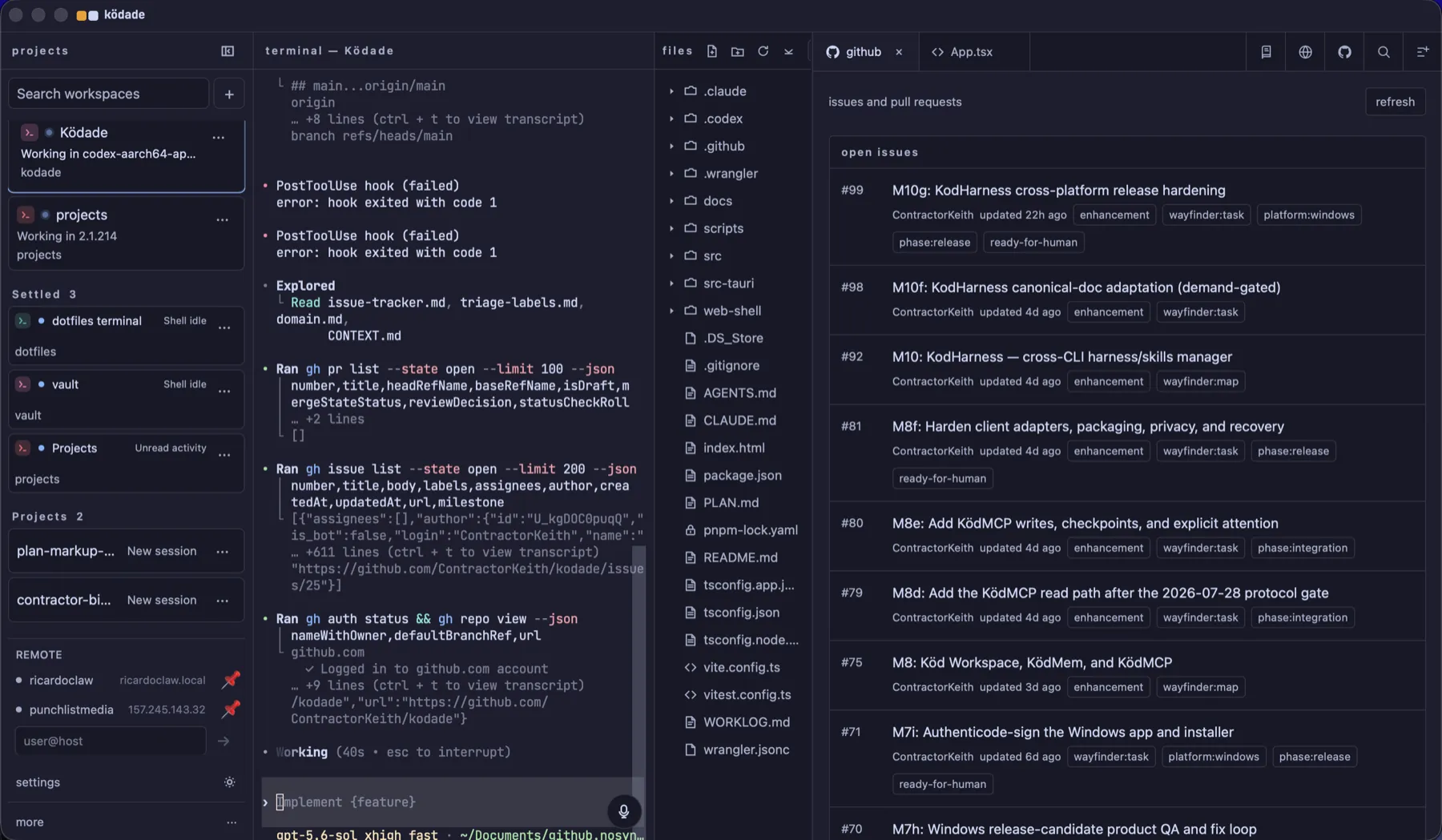 ködade working on its own repo: the GitHub tab listing open KödHarness and KödMCP milestone issues while a terminal runs gh commands to triage them