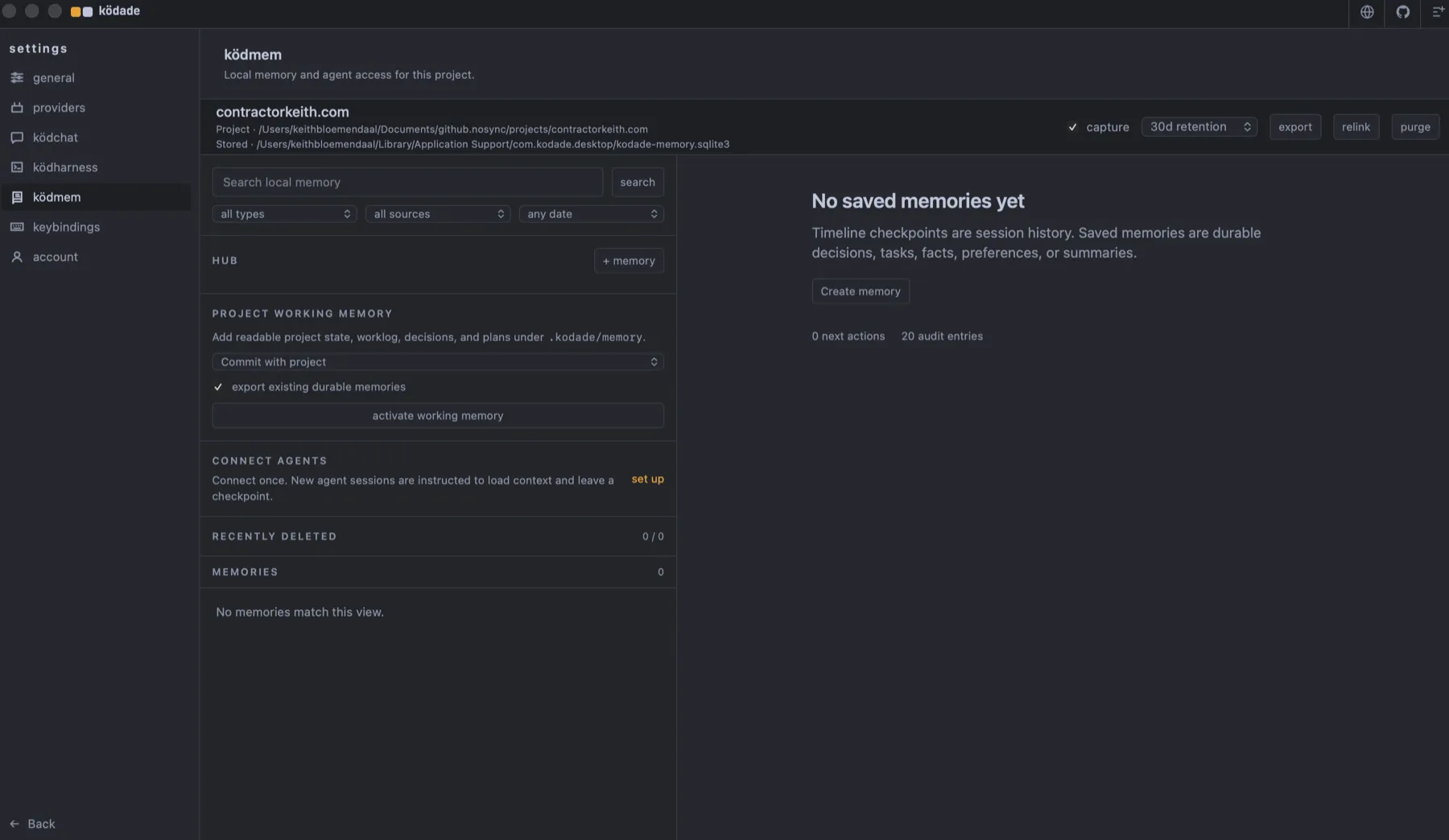 KödMem settings for contractorkeith.com with local capture, retention, working memory, agent setup, export, relink, and purge controls