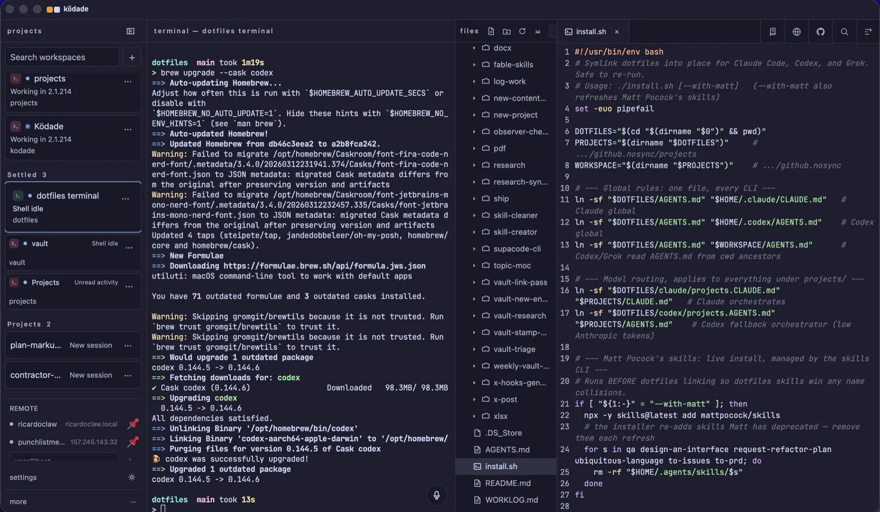 a ködade terminal running a brew upgrade of the codex CLI next to a files pane and the editor showing a dotfiles install script