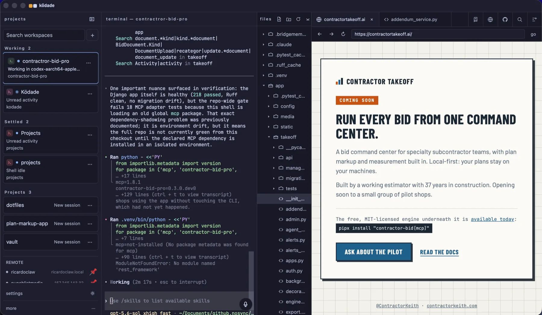 the ködade app: workspaces sidebar with working and settled agent sessions, a terminal where Codex is verifying a Django app, a files pane, and the built-in browser showing the contractortakeoff.ai landing page