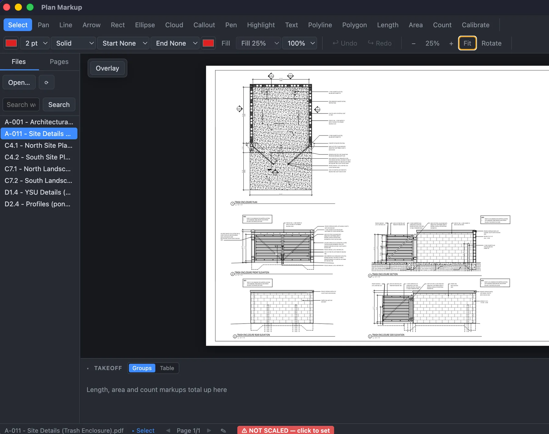 the Plan Markup desktop app with a real plan set open, showing the file list, markup toolbar, and takeoff panel