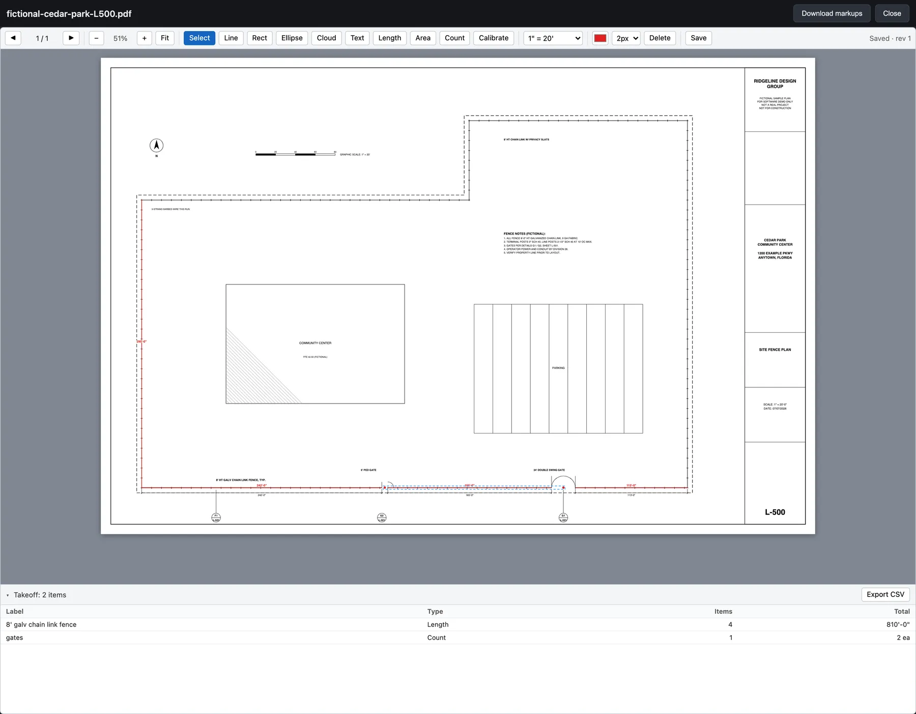 the standalone web viewer with a fictional fence site plan open, red length measurements along the fence runs, and a takeoff table totaling 810 linear feet of chain link and 2 gates