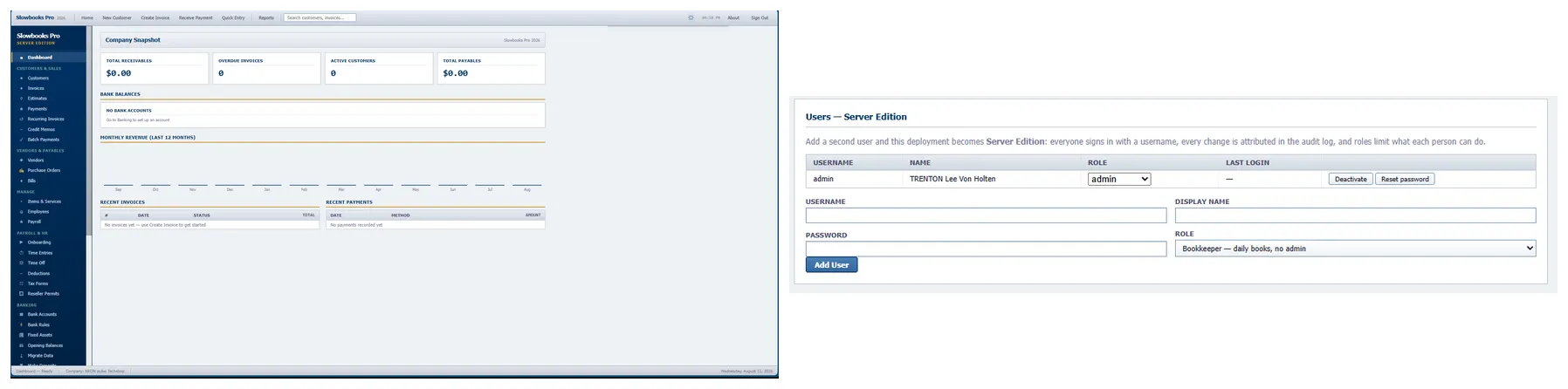 the real Server Edition dashboard and user-management screen, including admin, bookkeeper, and read-only roles